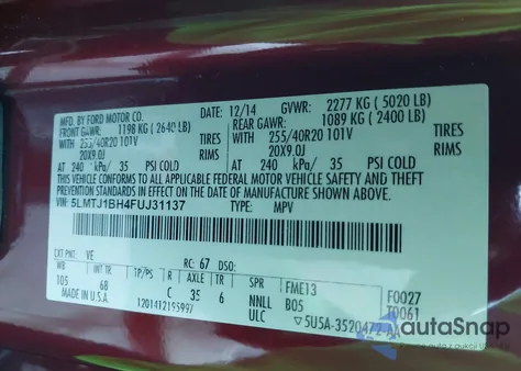 2015 Lincoln Mkc Black Label z USA, uszkodzony, nr VIN 5LMTJ1BH4FUJ31137